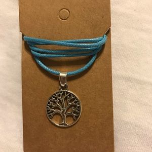 Tree of Life Pendant Light Blue Cord Necklace